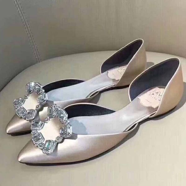 

nikali spring new hollow pointed flat shoes women's shoes silk crystal square buckle bridesmaid wedding, Black