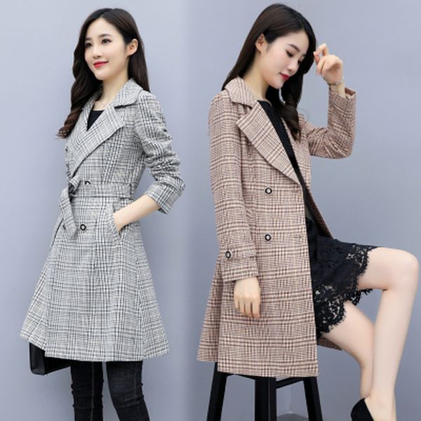 

2019 spring and autumn new ladies explosion models fashion korean double-breasted tie with long plaid windbreaker jacket tide, Tan;black