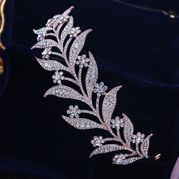 

gold color wedding hair accessories crown tiara rhinestone head decoration leaves pattern half head wear for women, Golden;white