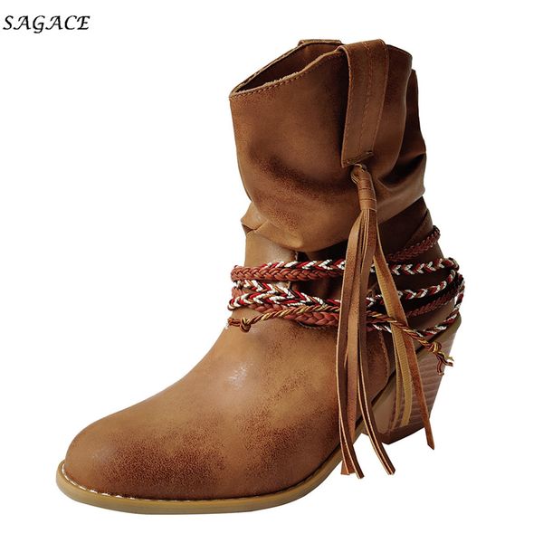 

sagace shoes winter ankle boots for women round toe lace-up warm pu boots fashion square heels ladies 6cm heel shoes, Black