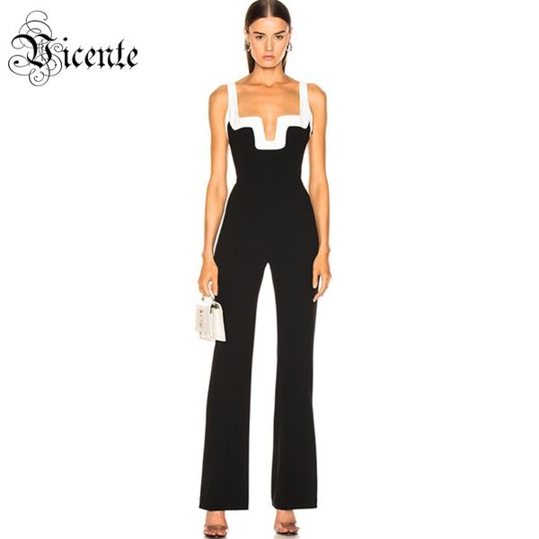 

vc all 2020 new chic color block design sleeveless backless celebrity party club bandage jumpsuit, Black;white