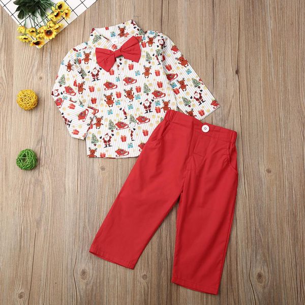 

christmas wedding bowtie gentleman short/long sleeve t-shirt+shorts 2pcs set for toddler kids baby boy clothes, White
