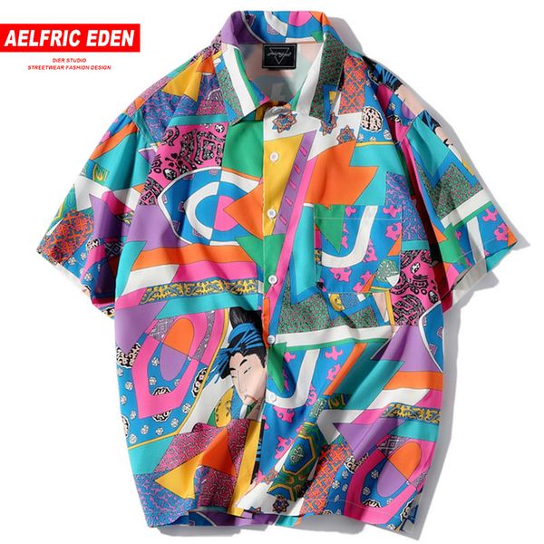 

aelfric eden short sleeve shirt men hip hop japanese streetwear silk ukiyoe casual shirt man summer fashion hawaiian shirts he01, White;black