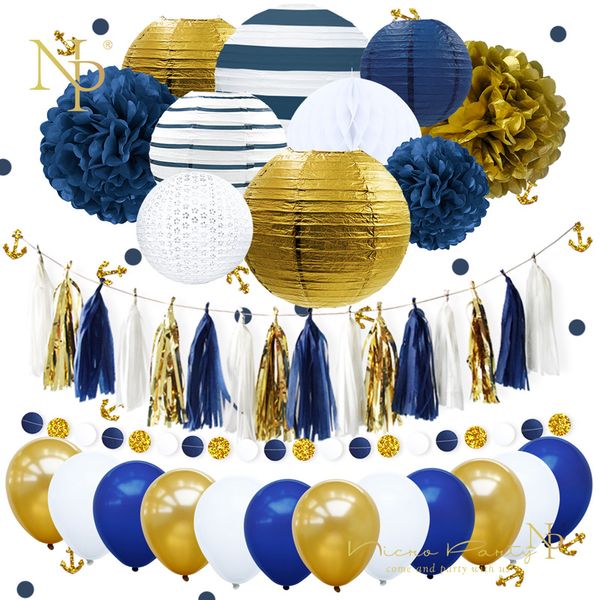 Acheter Nicro Nouveau / Set Marine Bleu Anchor Joyeux Anniversaire Papier Fleur PomPom Ballons Décoration De Fête Baby Shower DIY Set52 De $44.25 Du