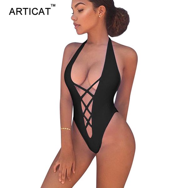 

articat summer halter cross bandage bodysuit women v-neck sleeveless bodycon rompers womens jumpsuit swimwear culb overalls, Black;white