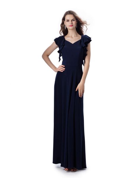 Navy Blue V collo pieno lunghezza chiffon modesti abiti da sposa con maniche a balze e arruffati attraversato corsetto posteriore scollo drappeggiato