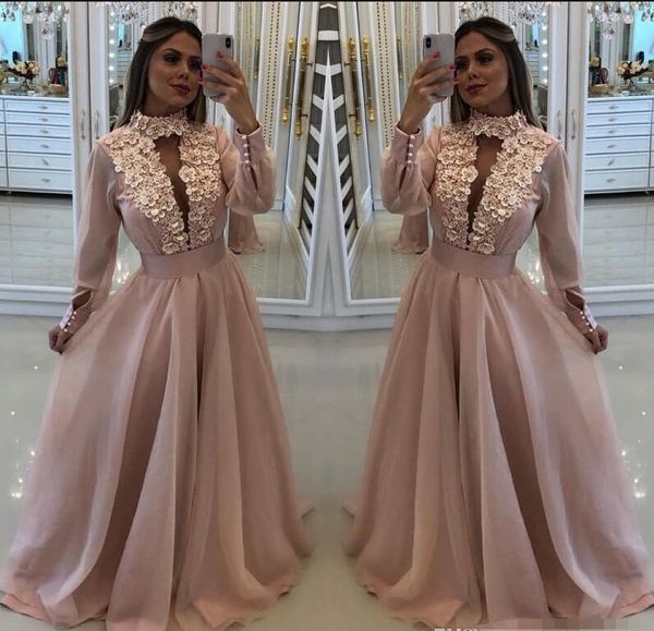 

plus size prom dresses high neck long sleeves 2020 handmade flowers arabic muslim a line chiffon evening formal gown robe de soiree, Black