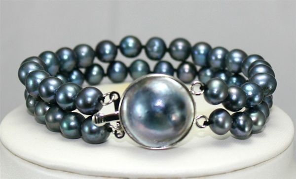 

wholesale 2rows nice 8mm black shell pearl clap bracelet, Golden;silver