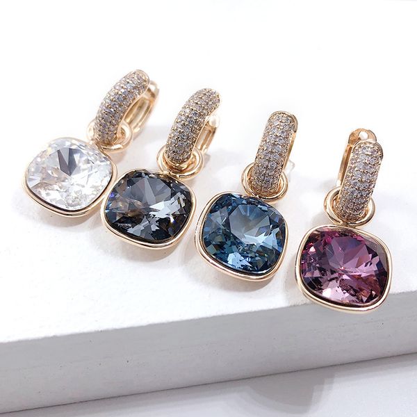 

11.11 exquisite square crystals from austria gold color plated earrings for women valentine's day bijoux gifts, Golden;silver