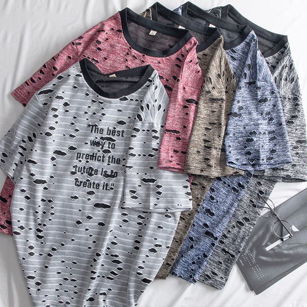 

trendy male t-shirt printing hole men's t-shirts o-neck blue green gray red man's short-sleeved t-shirt, White;black