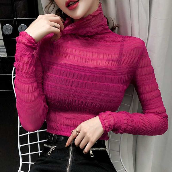 

thin turtleneck ruched shirt women clothes summer ladies 2020 new slime blouse long sleeve womens blouses woman shirts, White