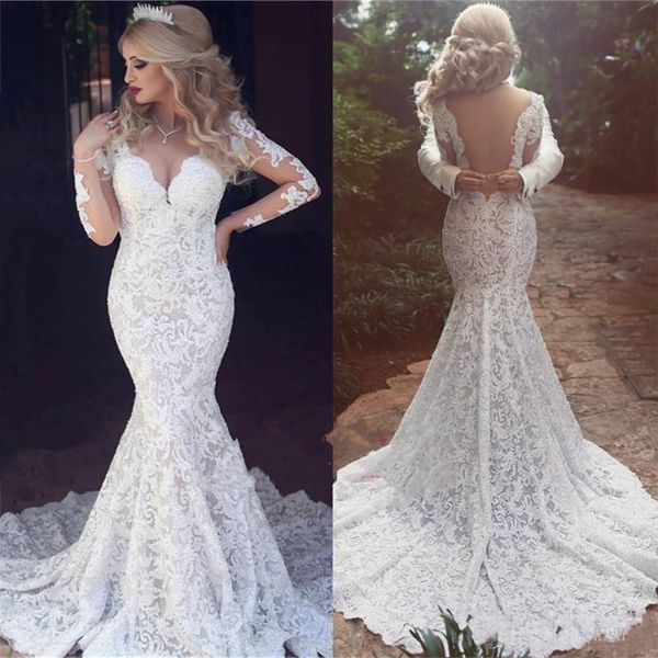 

New Fashion Sexy V Neck Mermaid Wedding Dresses Illusion Back Long Sleeves Lace Appliqued Wedding Dress Bridal Gowns