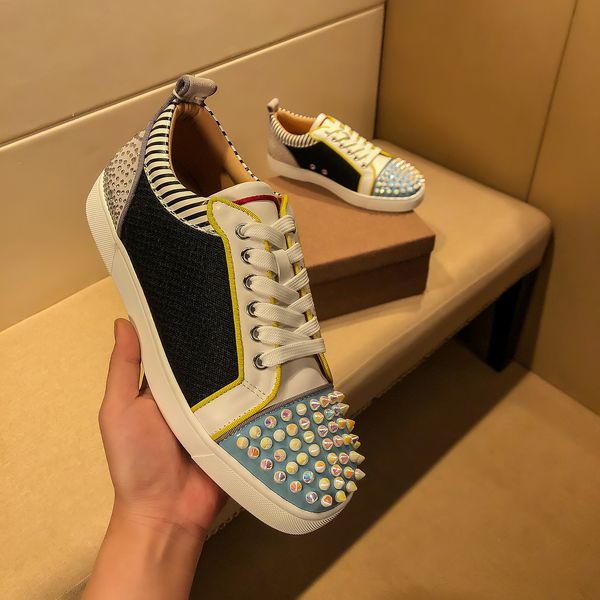 

luxurious brand red bottom low sneakers, summer men's sports junior spiked leather with mesh sneaker low brand trainers, Black