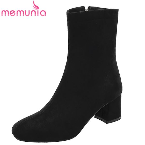 

memunia autumn winter 2020 ankle boots women flock solid colors simple square heel stretch boots woman dress shoes, Black