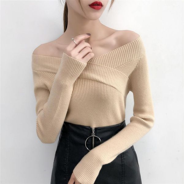 

women off shoulder knit long sleeve off-the -shoulder strapless lady knitting 2019 autumn women clothes, White;black
