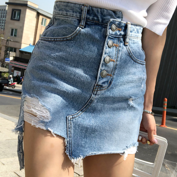 

irregular high waist denim skirt light wash women ripped mini skirt female mini saia mujer 2019 summer aq997, Black