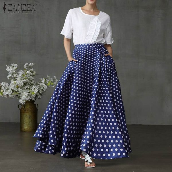 

2019 zanzea women's skirt bohemian polka dot print faldas casual back zipper up pockets long maxi skirts jupe femme plus size, Black