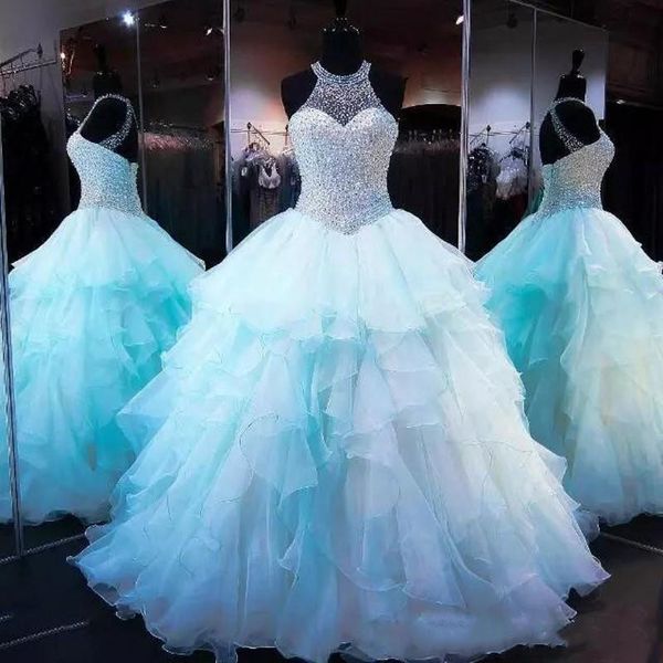 

2020 luxury organza ball gown quinceanera dresses ruffles beads pearls bodice lace up 16 sweet prom gowns, Blue;red