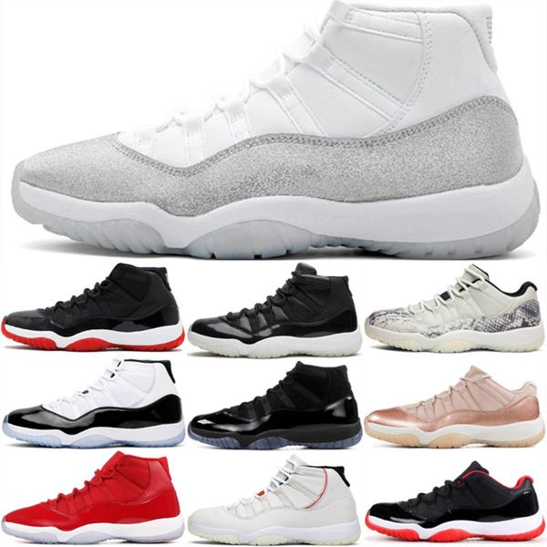 

11s vast grey metallic silver basketball shoes 11 concord bred snakeskin heiress florida space jams platinum tint mens women sports sneakers, White;red