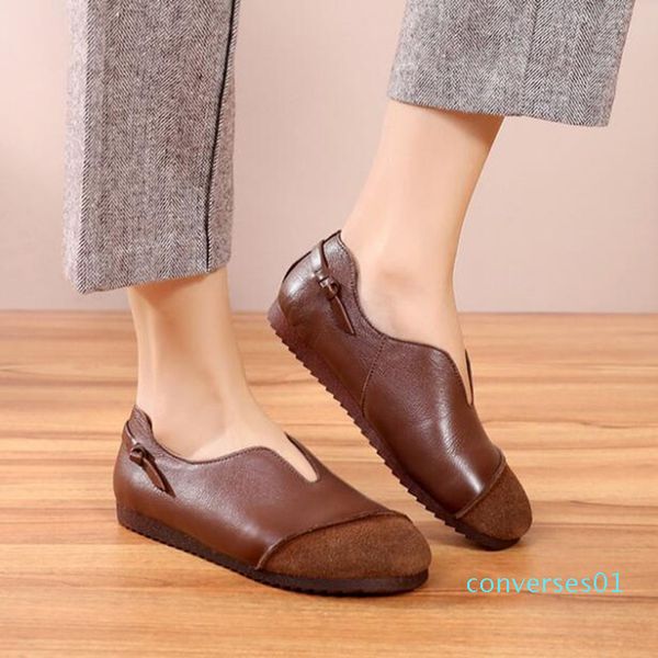 

2019 new soft comfort splice cowhide leather shoes woman loafers shoes flat soft bottom retro driving fashion casual flats co01, Black