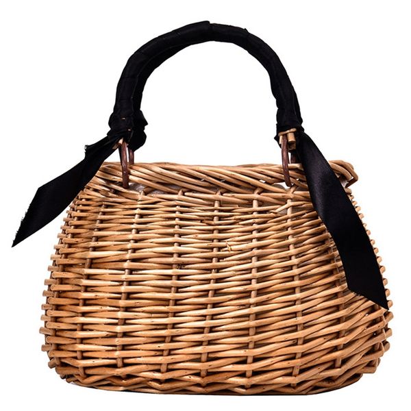 

new rattan bag handbag black ribbons portable straw bag cylinder small jar beach