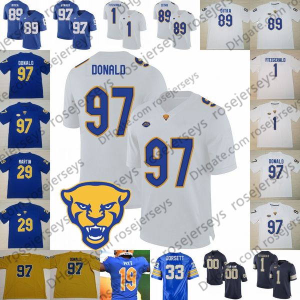 

pitt pittsburgh panthers #1 larry fitzgerald 97 aaron donald 29 curtis martin 33 tony dorsett 89 mike ditka blue retired football jersey, Black