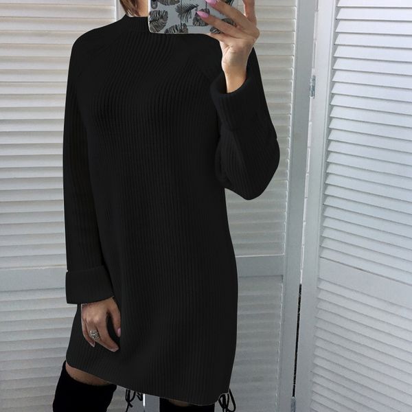 Atacado-inverno casual vestido de malha mulheres outono 2018 feminino manga comprida vestido de camisola sólida inverno senhoras em linha reta mini mini