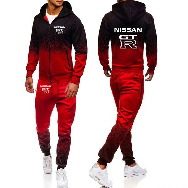 

hoodies men gtr car print casual harajuku gradient color hooded fleece zipper jacket sweatshirt sweatpants suit 2pcs