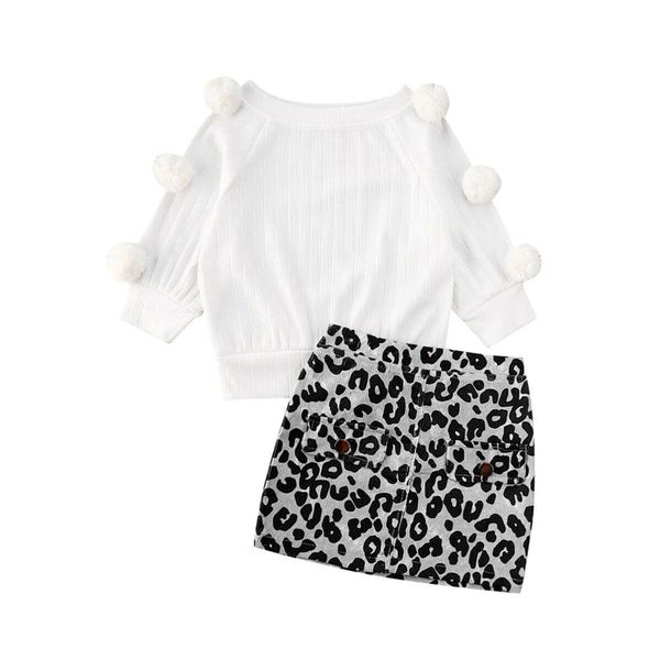 

fashion autumn winter children clothes kid baby girls long sleeve wool ball sweater leopard pencil skirts 2pcs outfit set, White
