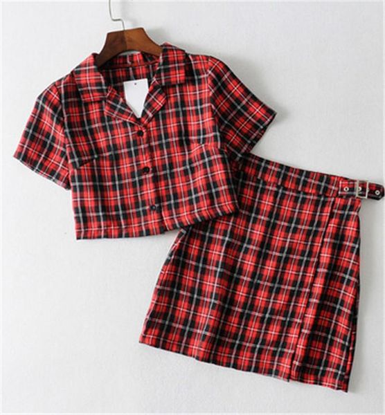 

women vintage plaid two piece dress designer female shirts skirt 2pcs suits short lapel shirt mini waist skirts matching sets outfits, White