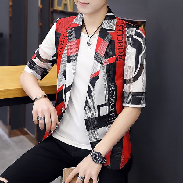

traje hombre 2019 summer men's short sleeve korean slim five-sleeve jacket printed striped veste homme costume, White;black