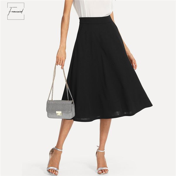 

black skirts summer slant pocket side circle mid waist long skirt elegant women office lady workwear solid
