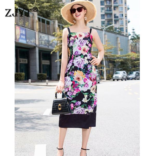 

high street fashion summer dress women runway designer floral print mid calf straight party spaghetti strap dress vestidos, Black;gray