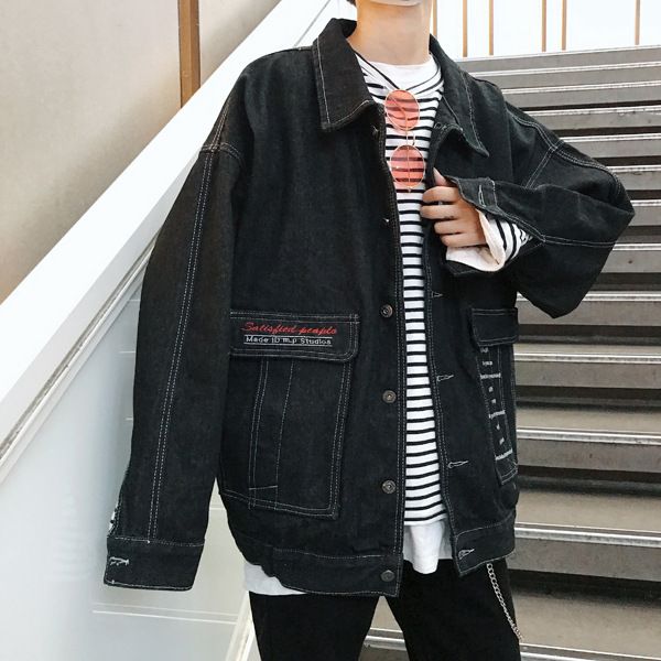 

men's jackets spring and autumn 2021 embroidery korean loose casual hole jacket youth denim clothes clothing, Black;brown