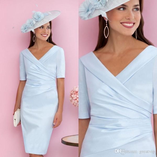 

elegant light blue mother of the bride dresses short sleeve knee length satin v neck mothers gowns for wedding formal evening dress party, Black;red