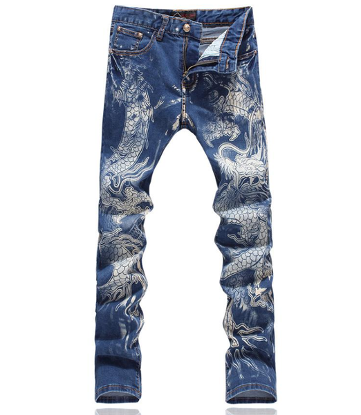 

men's blue dragon tattoo design jeans male coloured paiting pants social club slim cotton denim fashion trousers high quality