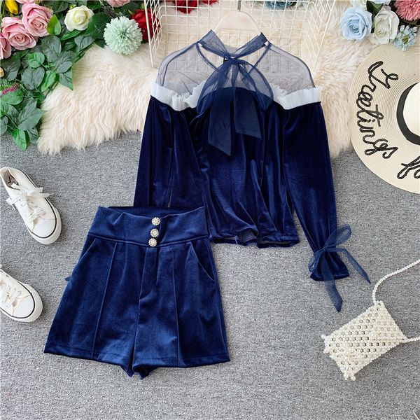 

women mesh splice black 2019 new long sleeved velvet shirts + high waist shorts two piece sets j854, White
