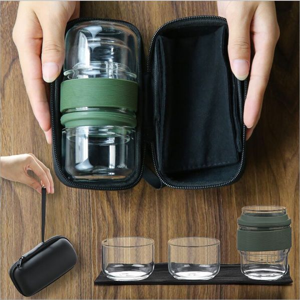

transparent blowing glass travel tea set portable bag crack carry a pot two cups kung fu tea art cup elegant cup bubble teapot