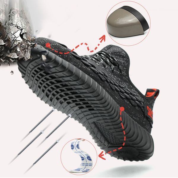 

plus size 36 47 steel toe cap construction men women work & safety boots summer lightweight impact resistant male female shoes, Black