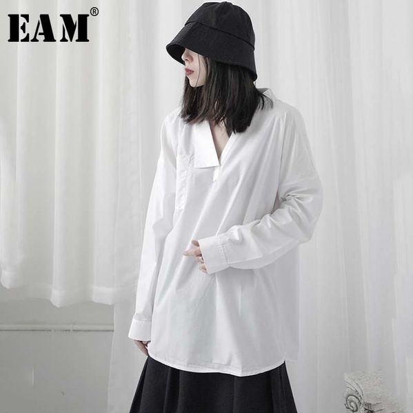 

eam] women white irregular split big size blouse new v-collar long sleeve loose fit shirt fashion tide spring summer 2020 1w313