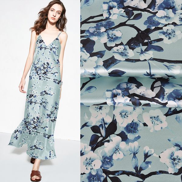 

118cm wide 19mm white floral print stretch green gray silk satin fabric good for summer dress skirt shirt pants jh142, Black;white