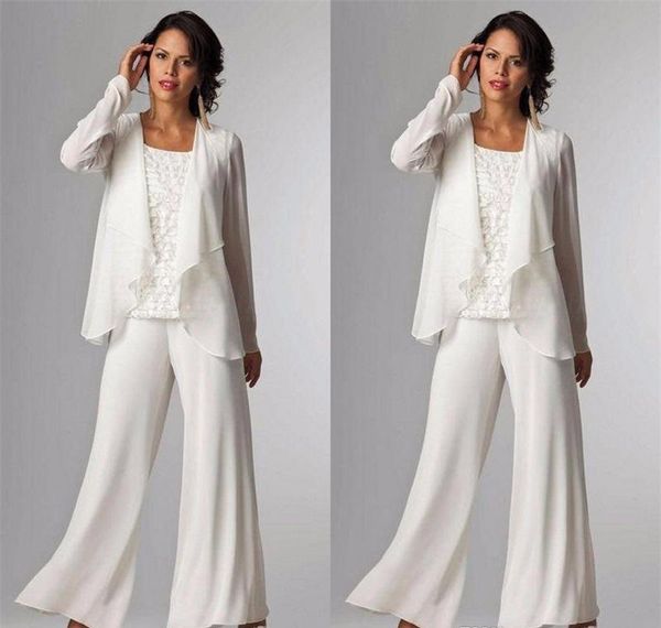 

elegant chiffon mother of the bride dresses there pieces long sleeve jackets lace pant suits for women mother groom plus size gowns, Black;red