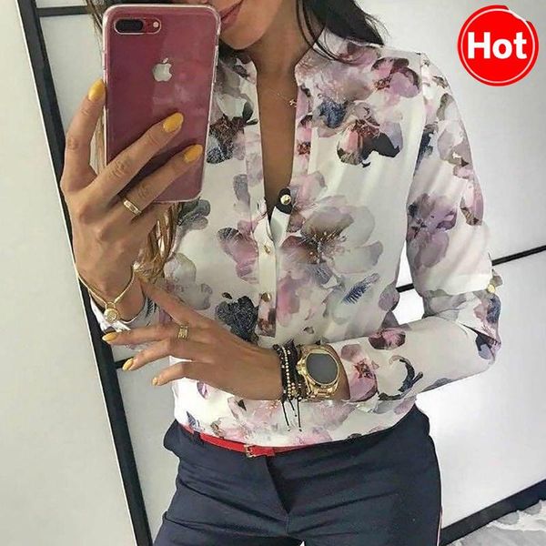 

2020 spring women elegant casual blouse floral print button design long sleeve shirt basic size s-xl, White