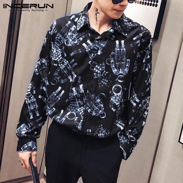 

incerun мода печатных мужская рубашка повседневная с длинным рукавом 2019 кнопка свободная блузка лацкан смешные уличные рубашки мужчины cam, White;black