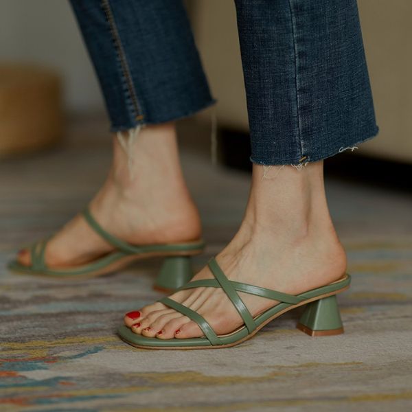 

mljuese 2020 женщины тапочек soft рим стиль лето скольжение на открытом носок зеленого цвета на высоких каблуках сандалии платья партии, Black