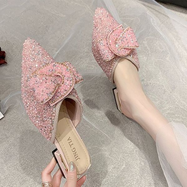 

fairy crystal bow-knot knitting pointed toe mules woman slippers slip on metal heels shoes women sandals cover toe slides 2020, Black
