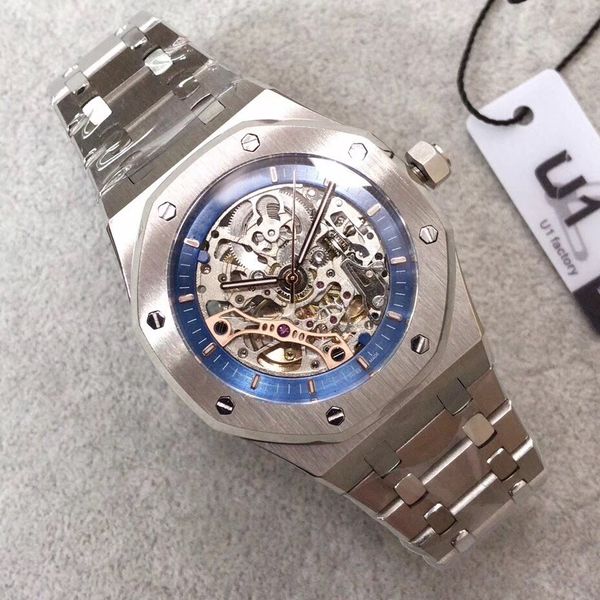 

u1 фабрика mens royal oak 15407st 41mm скелет циферблат из нержавеющей стали 316l ремешок sapphire автоматическая механическая классические, Slivery;brown