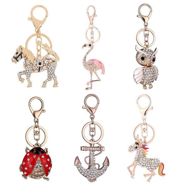 

full rhinestone crystal flamingo unicorn keychain animal pendants keyrings women's bags car decoration jewelry, Silver