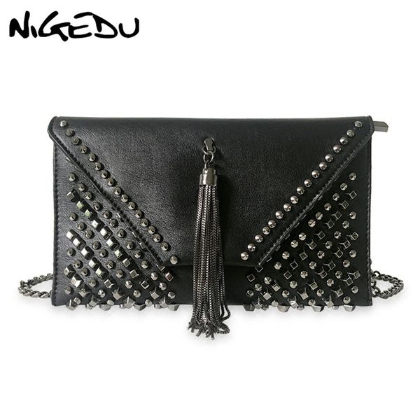 

nigedu punk rivet women envelope clutch bag chain tassel women messenger bag female crossbody luxury evening bags clutches