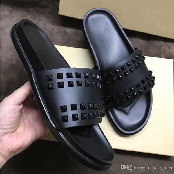 

men sandals designer shoes luxury red bottom slippers slide fashion wide flat slippery sandals slipper flip flop genuine leather shoes, Black